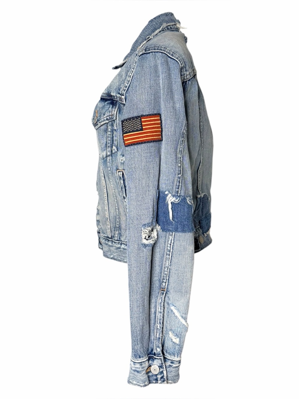 NWT Polo Ralph Lauren Distressed Denim Jacket Rose Embroidered Flag Patch Small - Picture 4 of 12